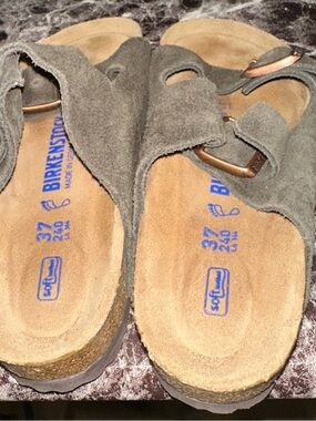 Birkenstock Arizona Sandals in Olive Suede with Copper Buckles